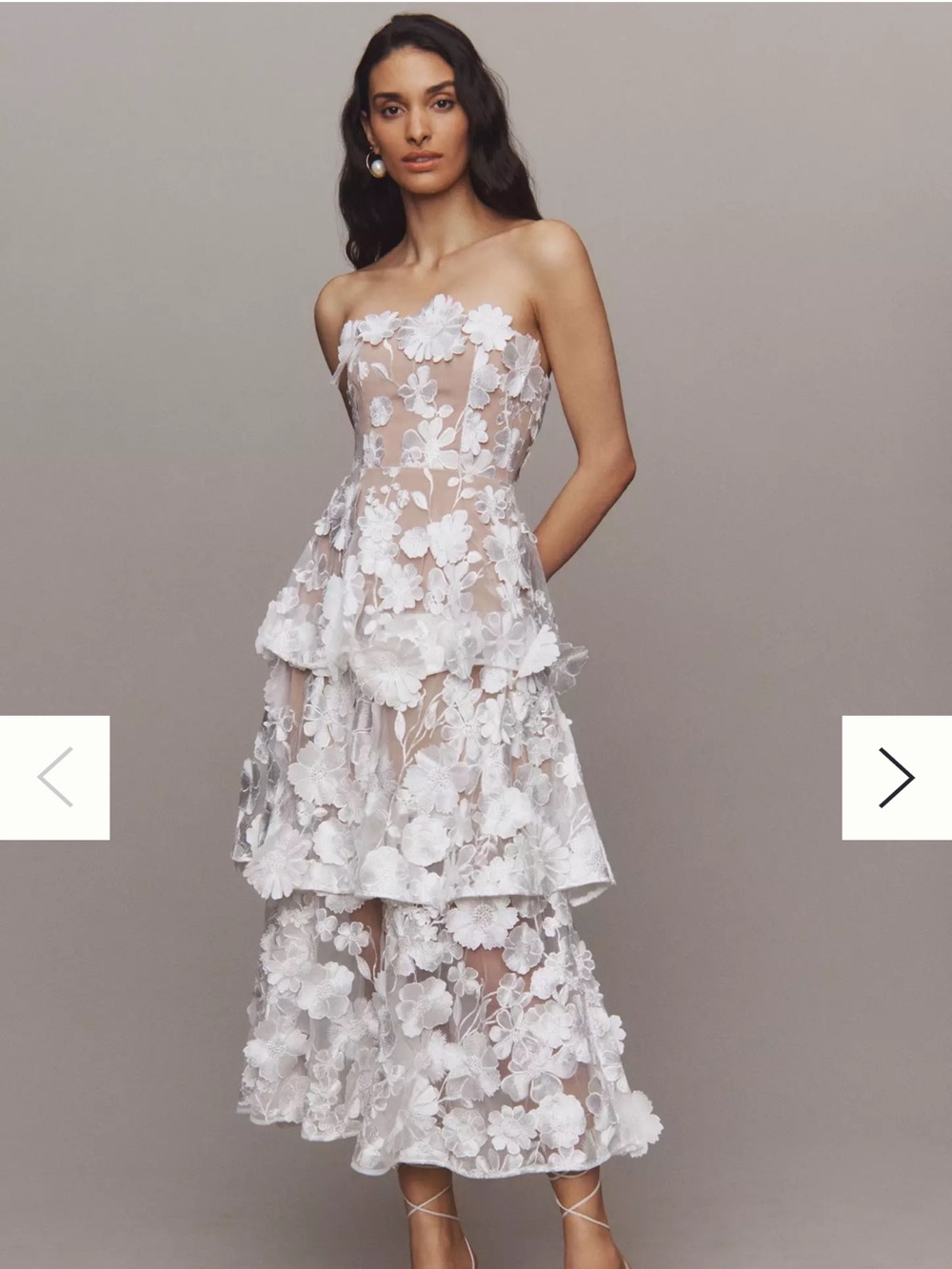 Strapless White Floral Lace Tiered Midi Dress